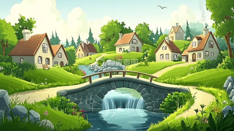 高清大图下载【趣麦麦图】田园风光卡通村庄