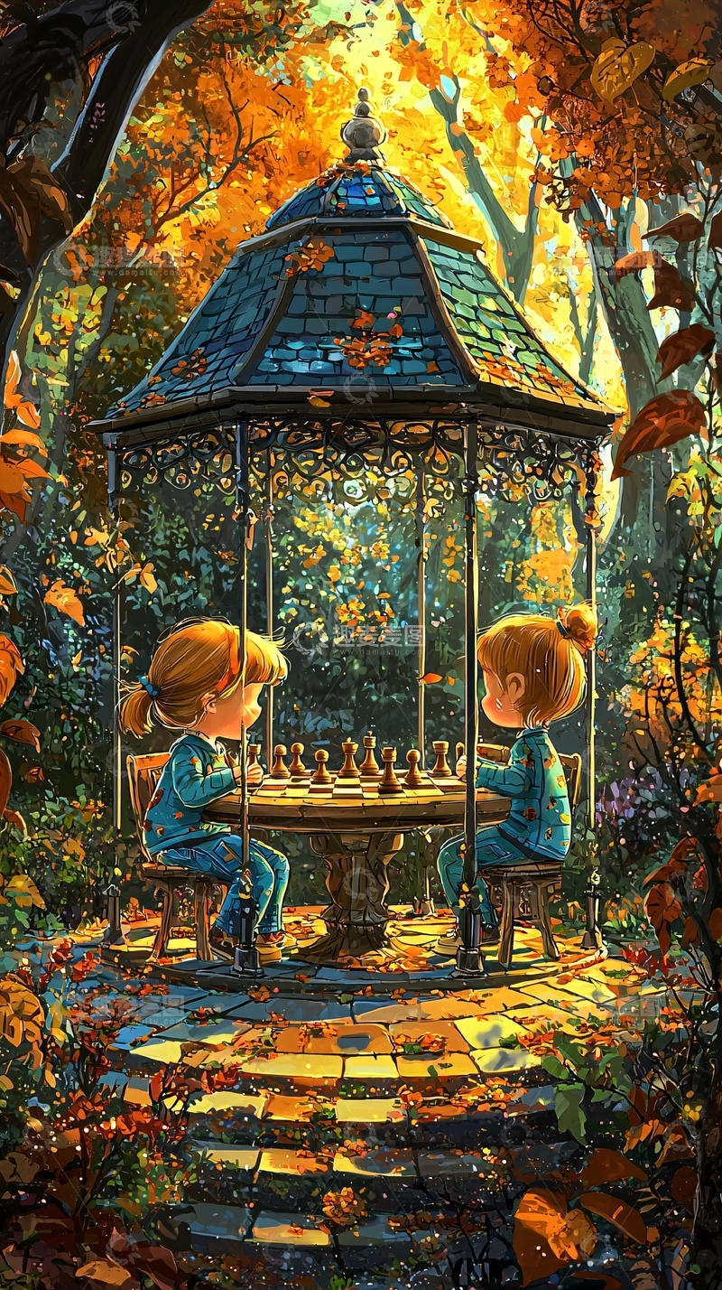 高清大图下载【趣麦麦图】秋日森林里下棋的女孩
