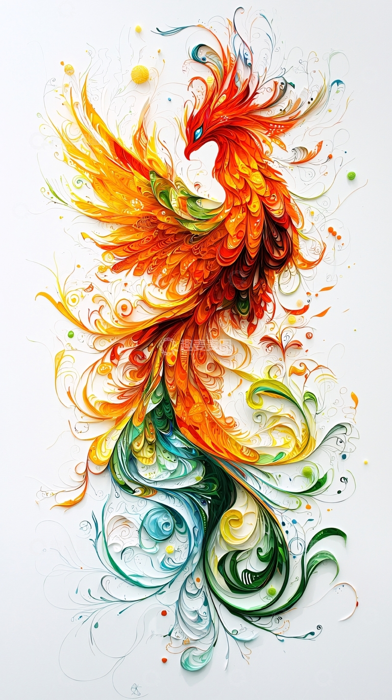 高清大图下载【趣麦麦图】色彩斑斓的凤凰水彩画