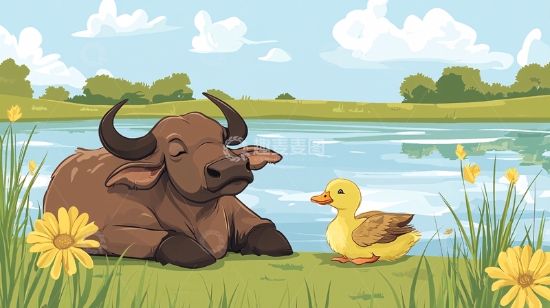 高清大图下载【趣麦麦图】水牛和鸭子在湖边