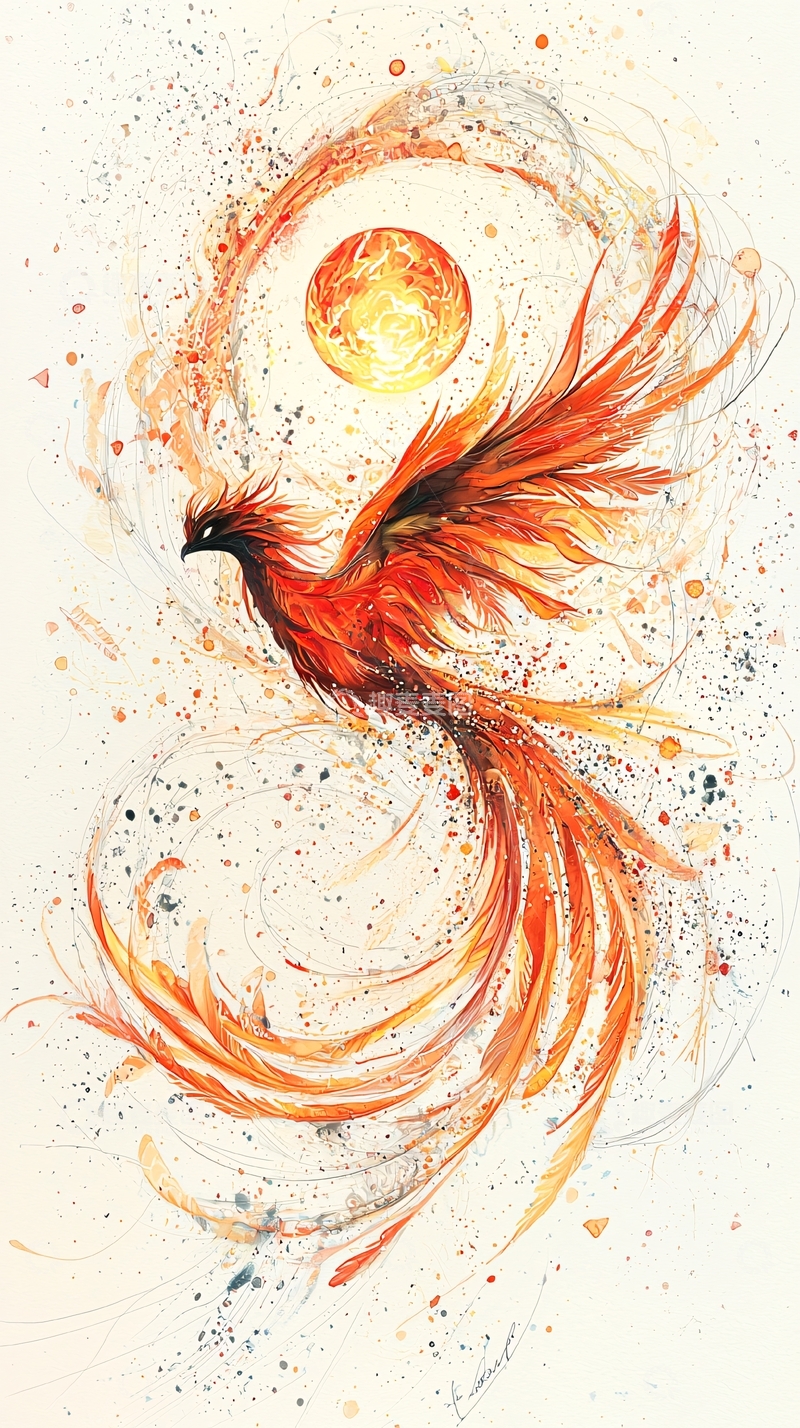 高清大图下载【趣麦麦图】火焰凤凰水彩画
