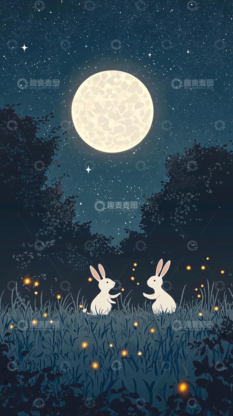 高清大图下载【趣麦麦图】星空下兔子赏月