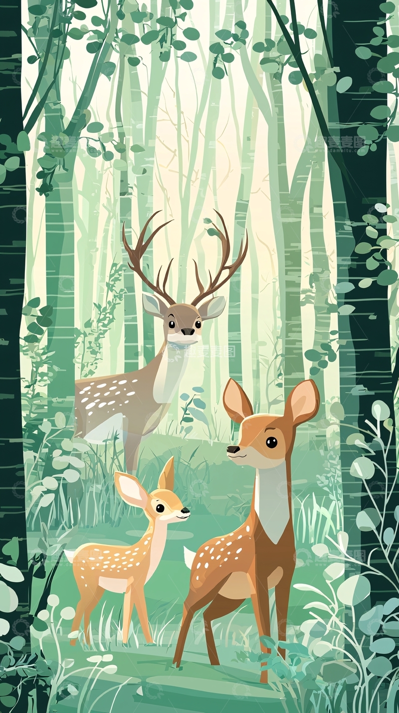高清大图下载【趣麦麦图】森林里三只鹿
