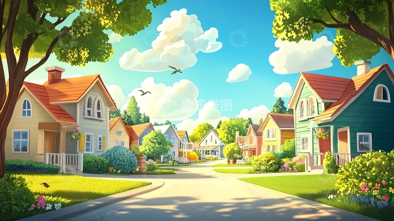 高清大图下载【趣麦麦图】阳光明媚的卡通小镇街道