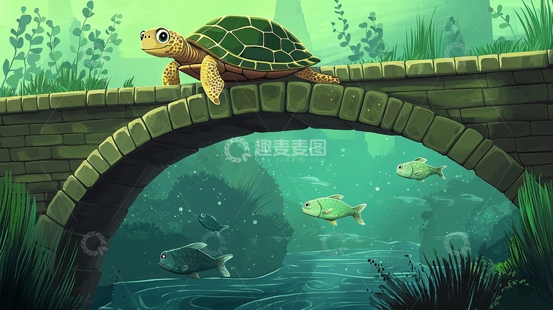 高清大图下载【趣麦麦图】小乌龟在桥上散步