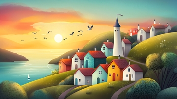 彩色小镇日落海景