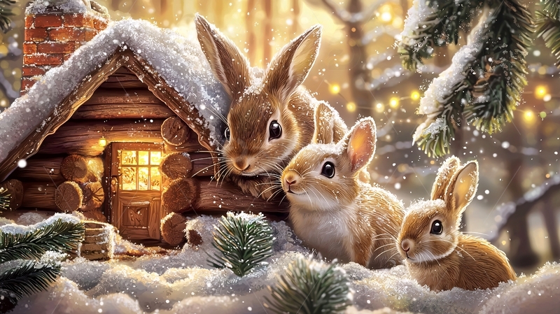 高清大图下载【趣麦麦图】雪地小屋里的三只兔子