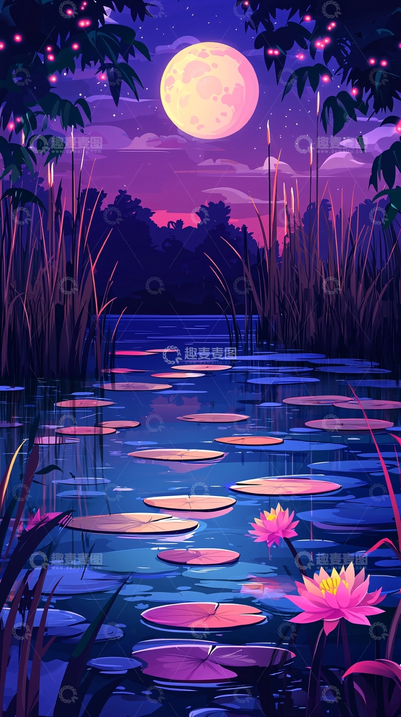 高清大图下载【趣麦麦图】梦幻紫色月光湖景