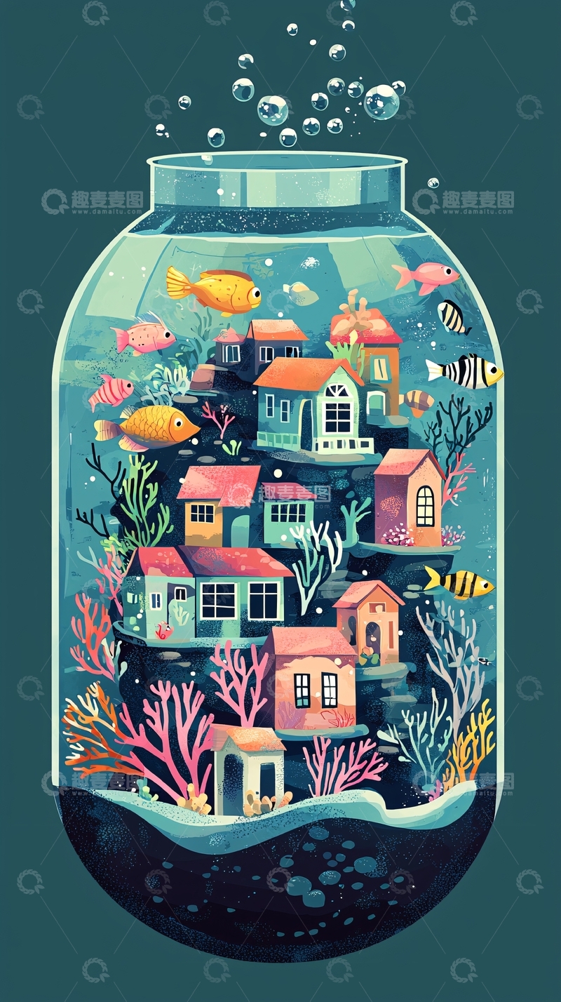 高清大图下载【趣麦麦图】瓶中水下彩色小镇