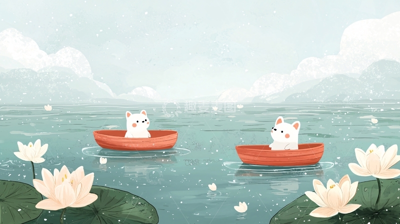 高清大图下载【趣麦麦图】两只猫咪乘小船