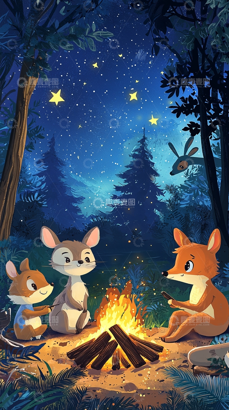 高清大图下载【趣麦麦图】夜空下的森林篝火