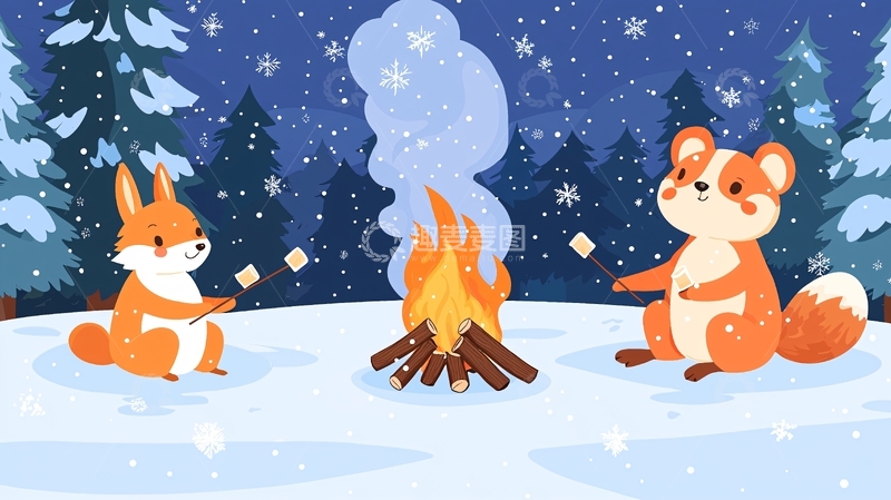 高清大图下载【趣麦麦图】冬夜篝火旁的小动物