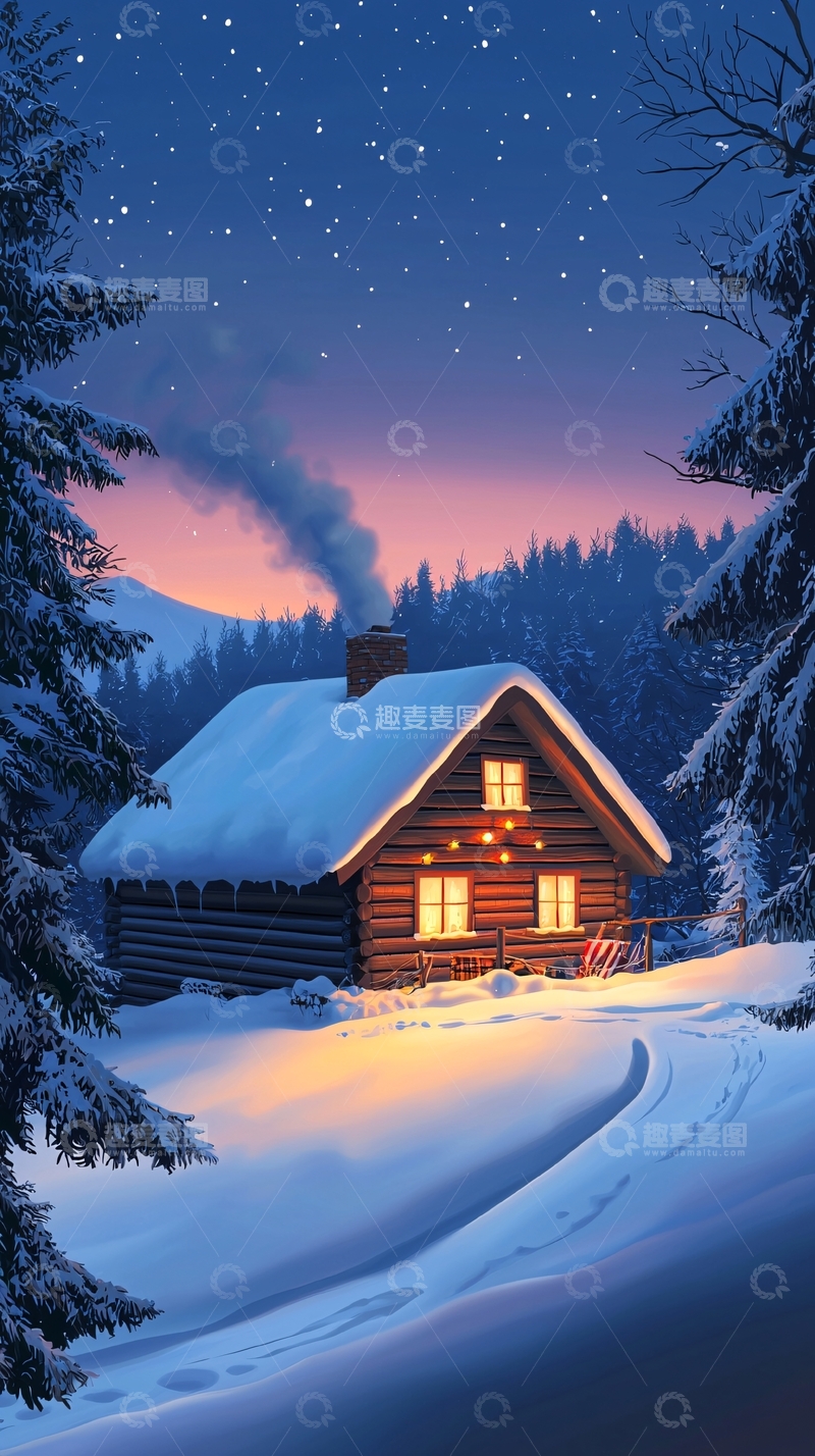 高清大图下载【趣麦麦图】雪夜木屋