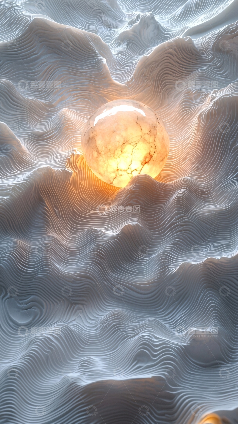 高清大图下载【趣麦麦图】发光球体在波浪表面