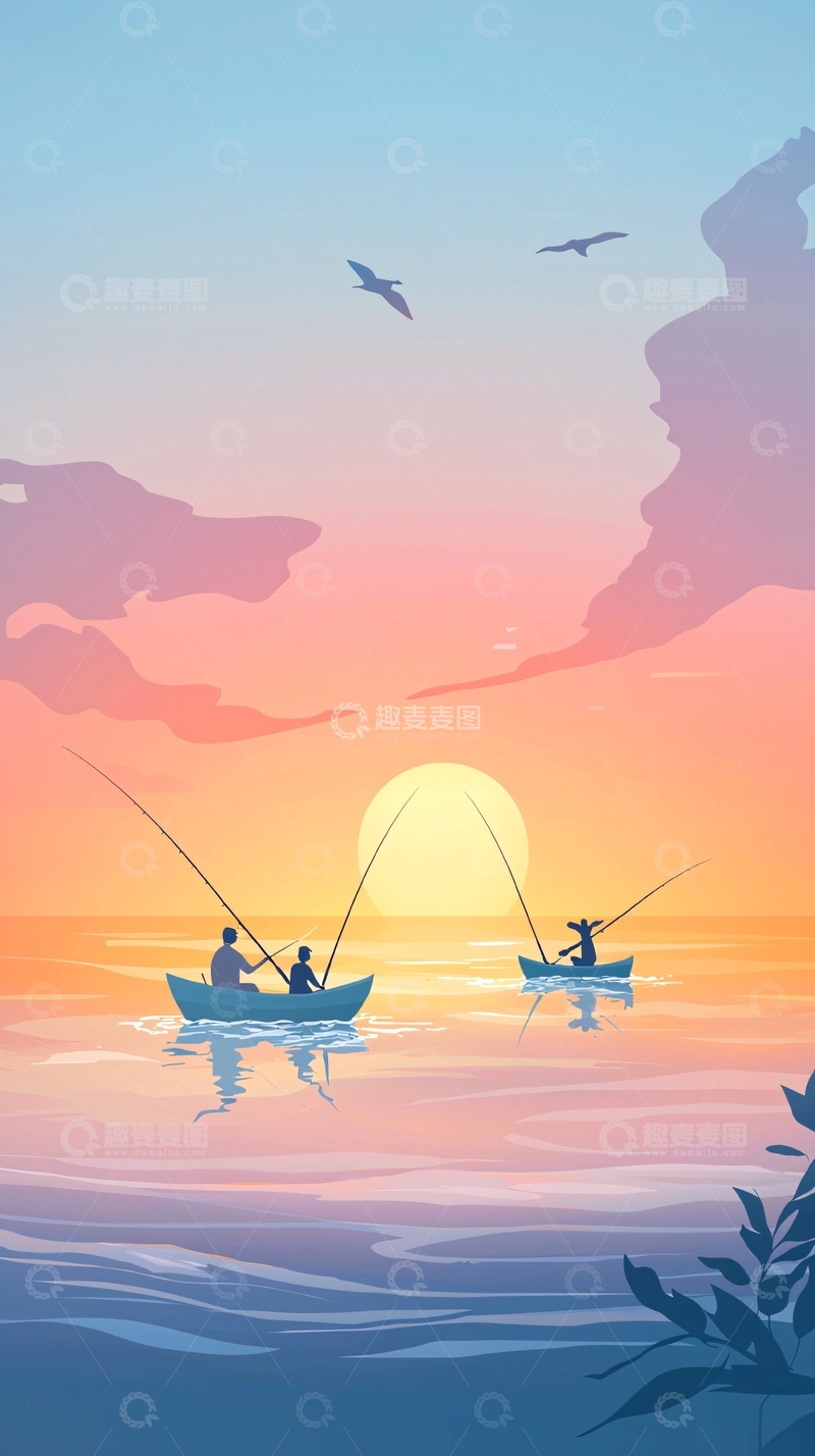 高清大图下载【趣麦麦图】日落时分海边垂钓