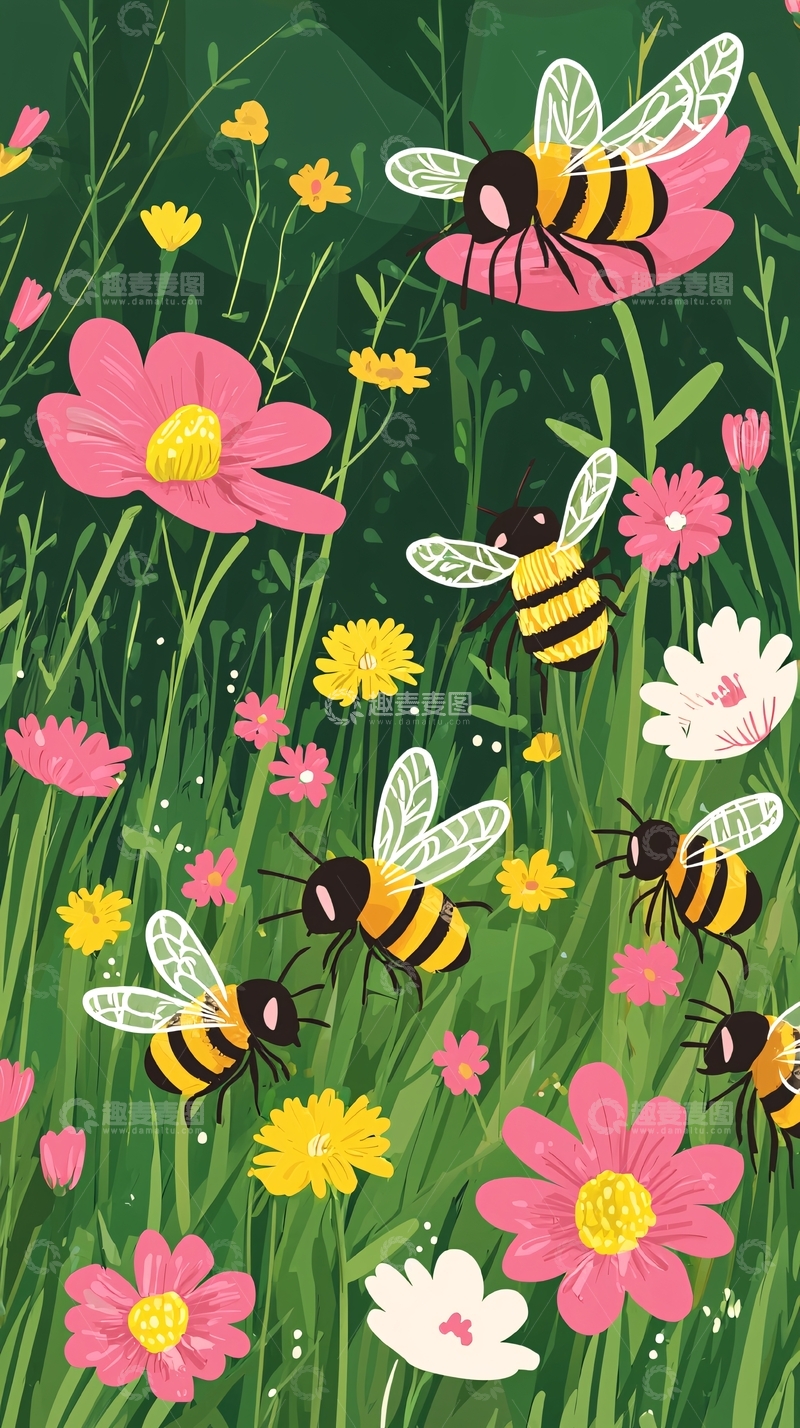 高清大图下载【趣麦麦图】蜜蜂采蜜花丛图