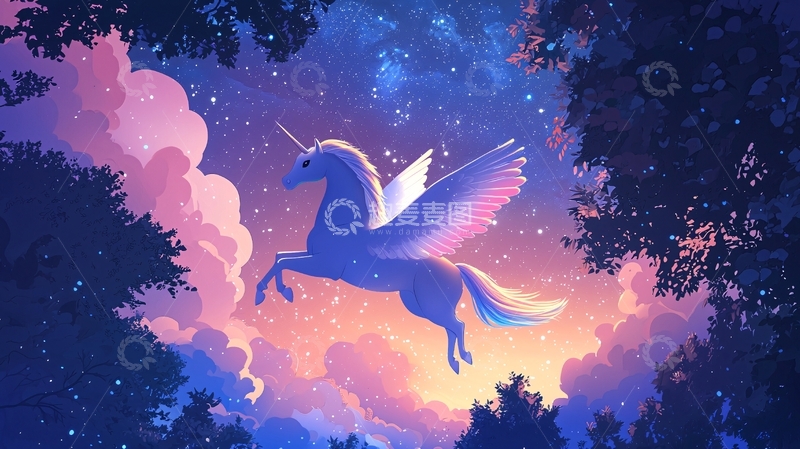 高清大图下载【趣麦麦图】飞翔的独角兽星空背景