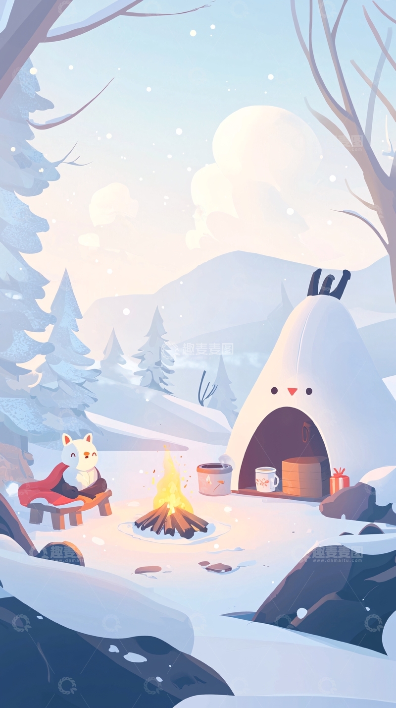高清大图下载【趣麦麦图】冬天雪景卡通兔子篝火