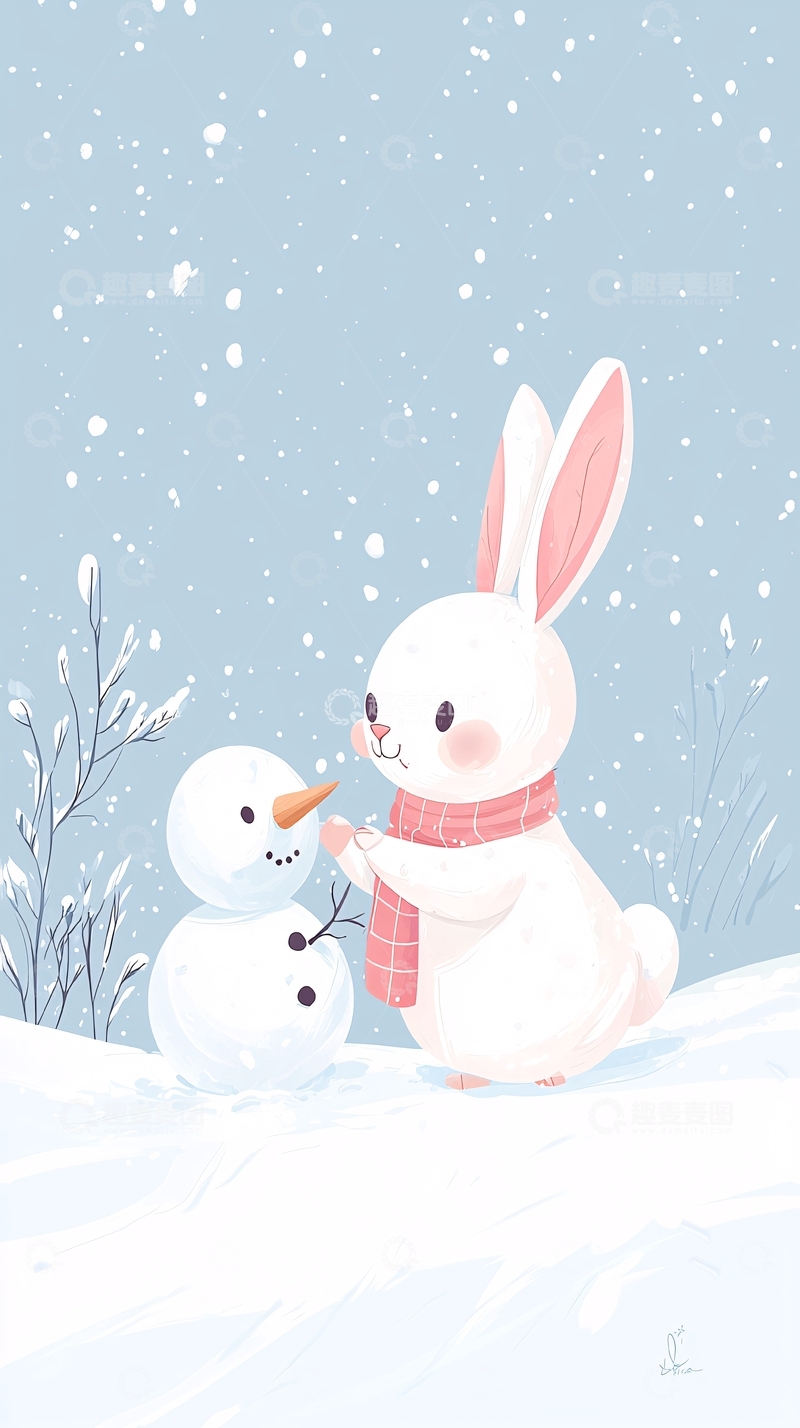 高清大图下载【趣麦麦图】可爱兔子堆雪人