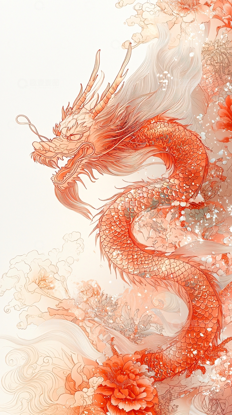 高清大图下载【趣麦麦图】中国龙与牡丹的唯美融合