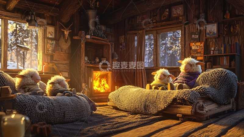 高清大图下载【趣麦麦图】温暖小屋里的小绵羊