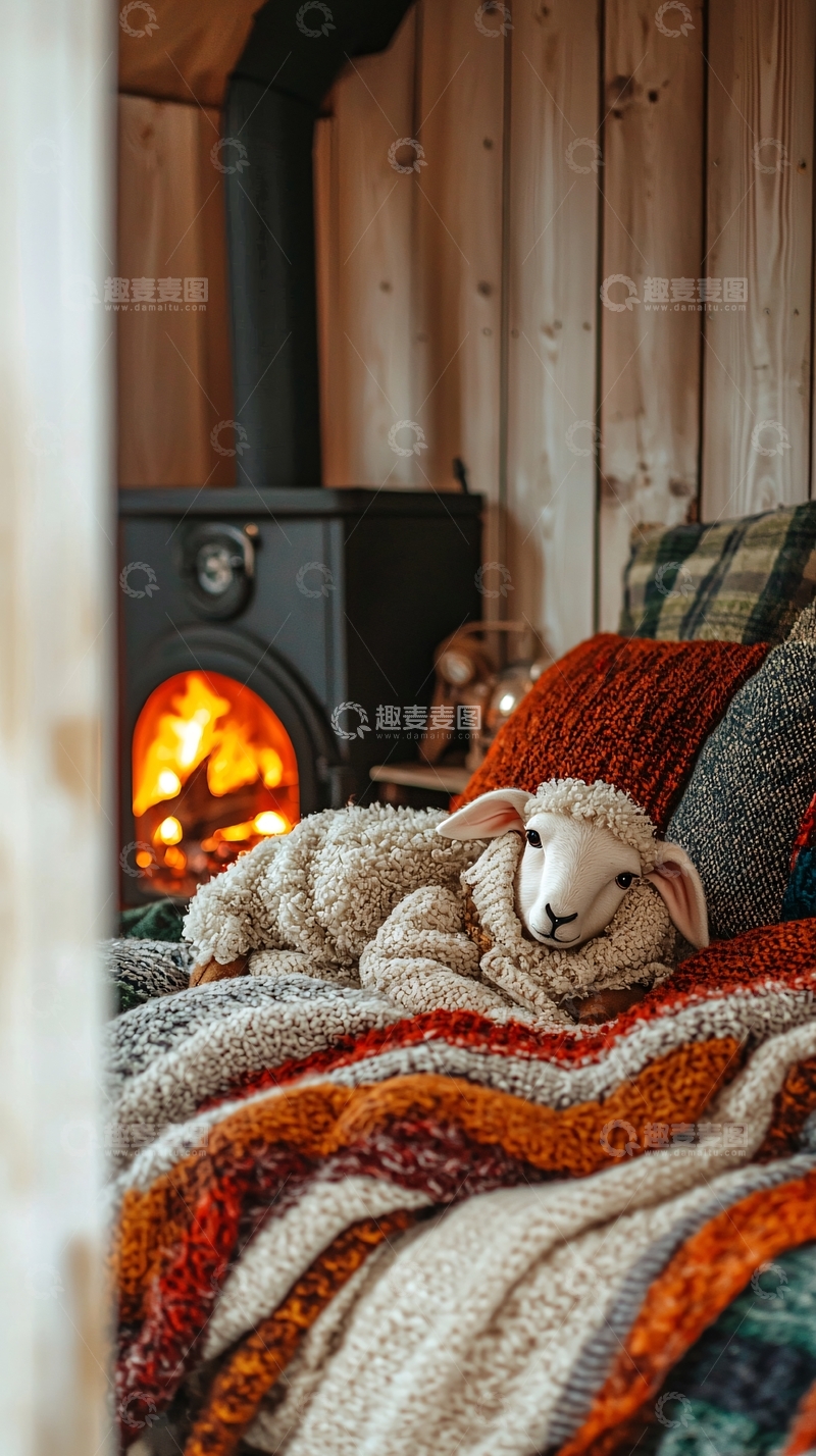 高清大图下载【趣麦麦图】小羊偎依壁炉取暖