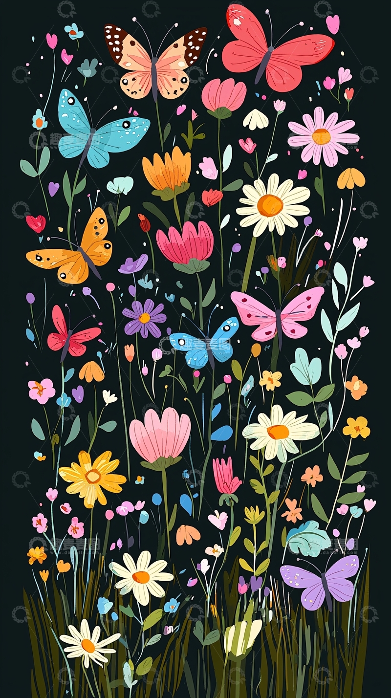 高清大图下载【趣麦麦图】彩色蝴蝶花卉插画