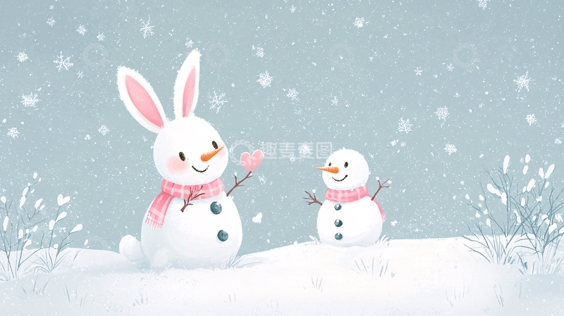 高清大图下载【趣麦麦图】可爱兔子雪人冬日场景