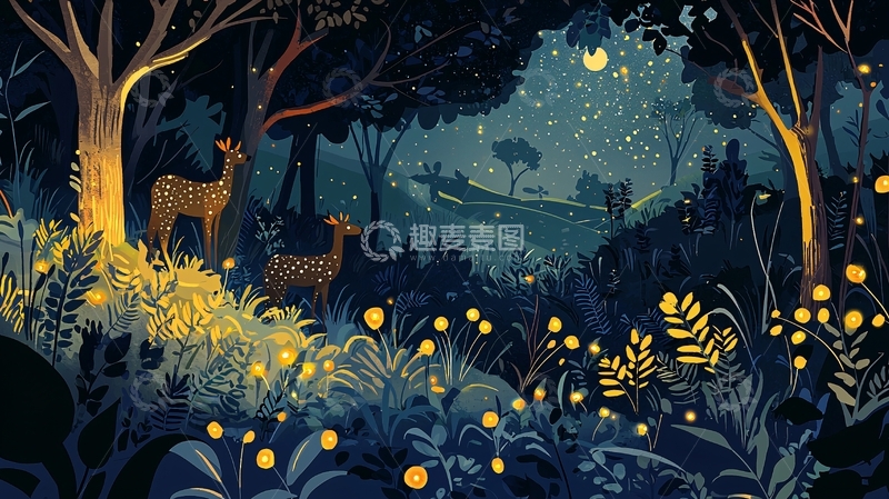 高清大图下载【趣麦麦图】夜色森林萤火鹿