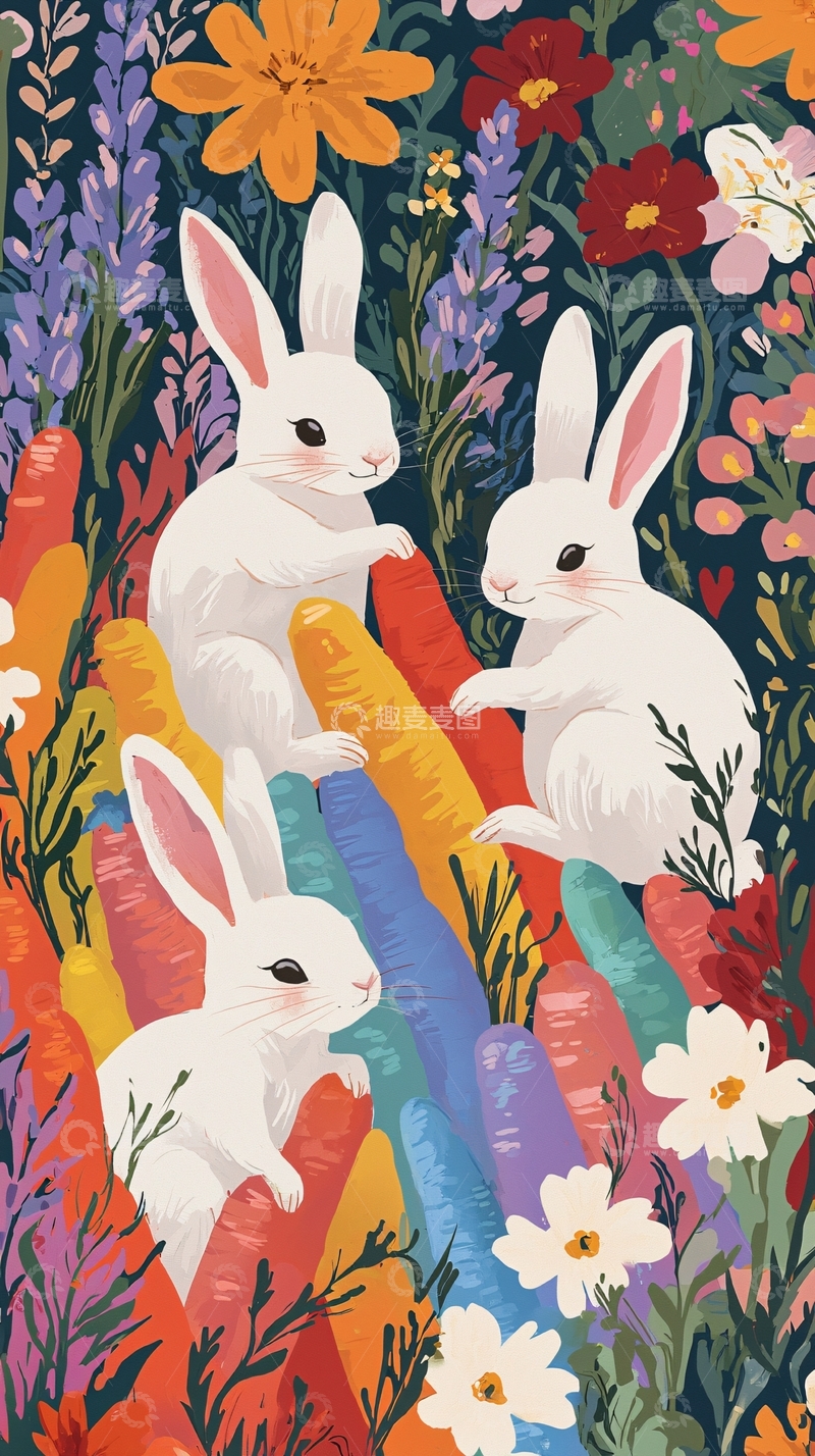 高清大图下载【趣麦麦图】三只小白兔与彩虹胡萝卜