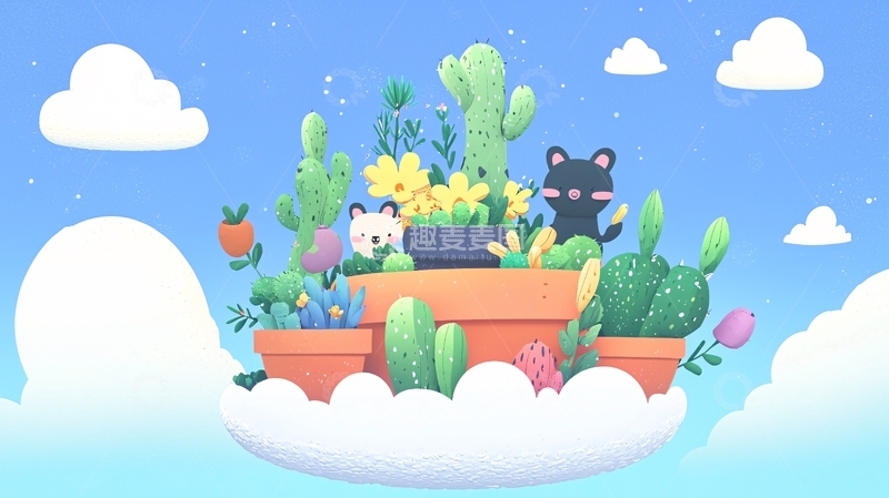 高清大图下载【趣麦麦图】漂浮的花盆和可爱猫咪