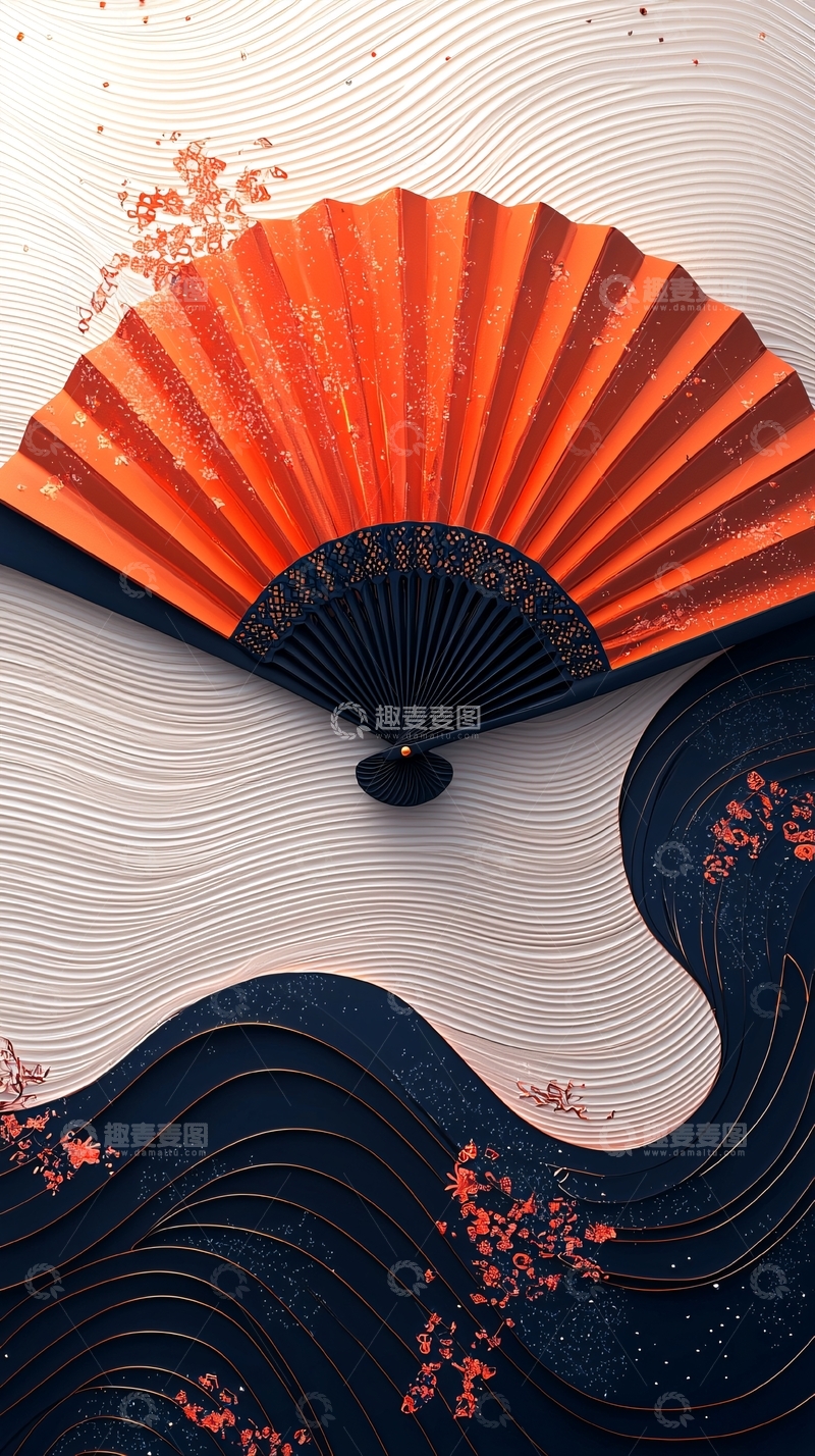 高清大图下载【趣麦麦图】红色折扇海浪纹理