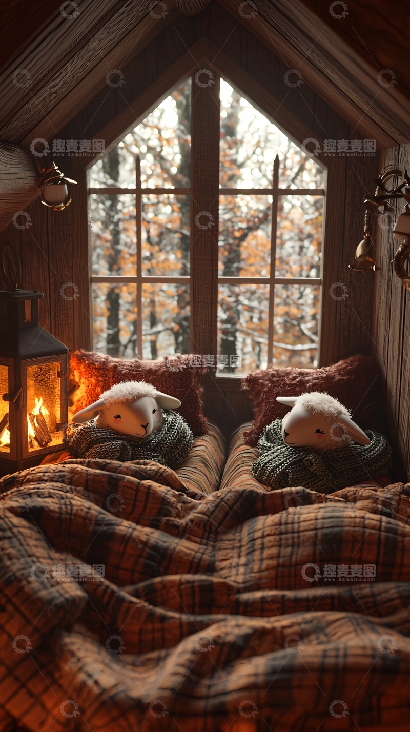 高清大图下载【趣麦麦图】温暖小屋窗边小羊