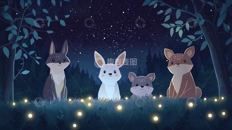 高清大图下载【趣麦麦图】森林夜晚动物朋友