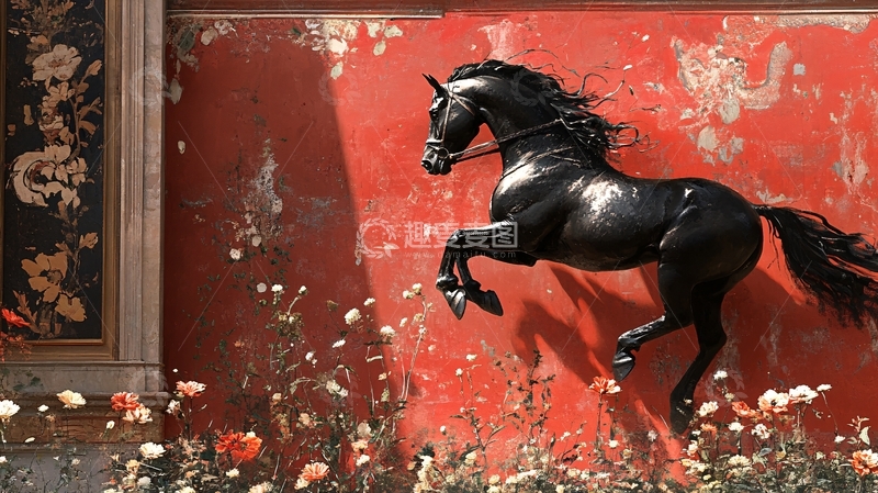高清大图下载【趣麦麦图】黑色骏马红墙背景