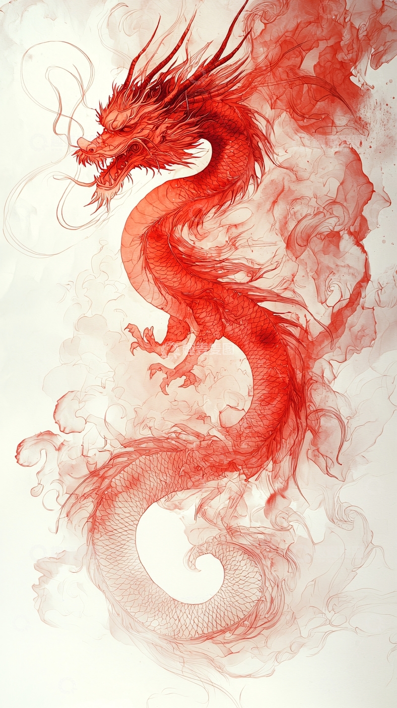 高清大图下载【趣麦麦图】红色水墨龙