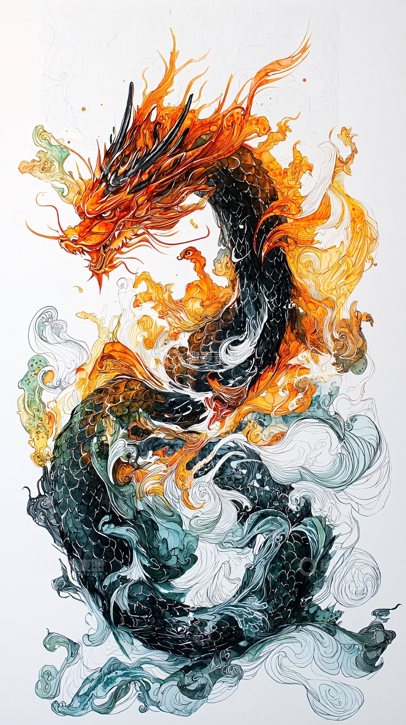 高清大图下载【趣麦麦图】火焰缠绕的中国龙