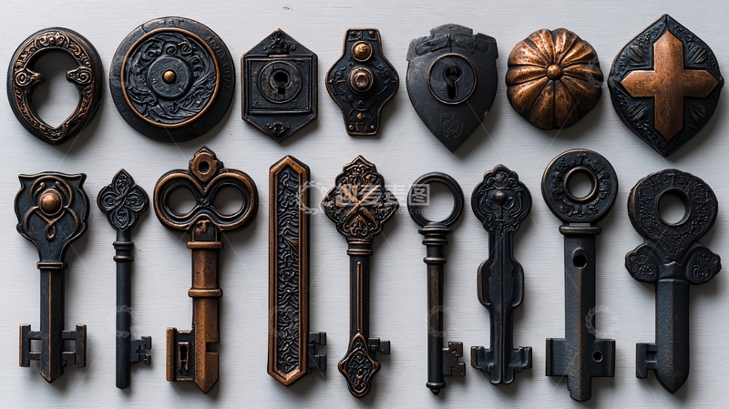 高清大图下载【趣麦麦图】古董钥匙与锁头特写