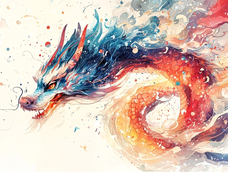 高清大图下载【趣麦麦图】水彩风格彩色龙