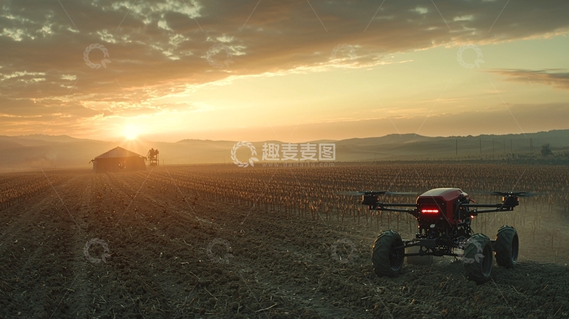 高清大图下载【趣麦麦图】日出农田无人机作业