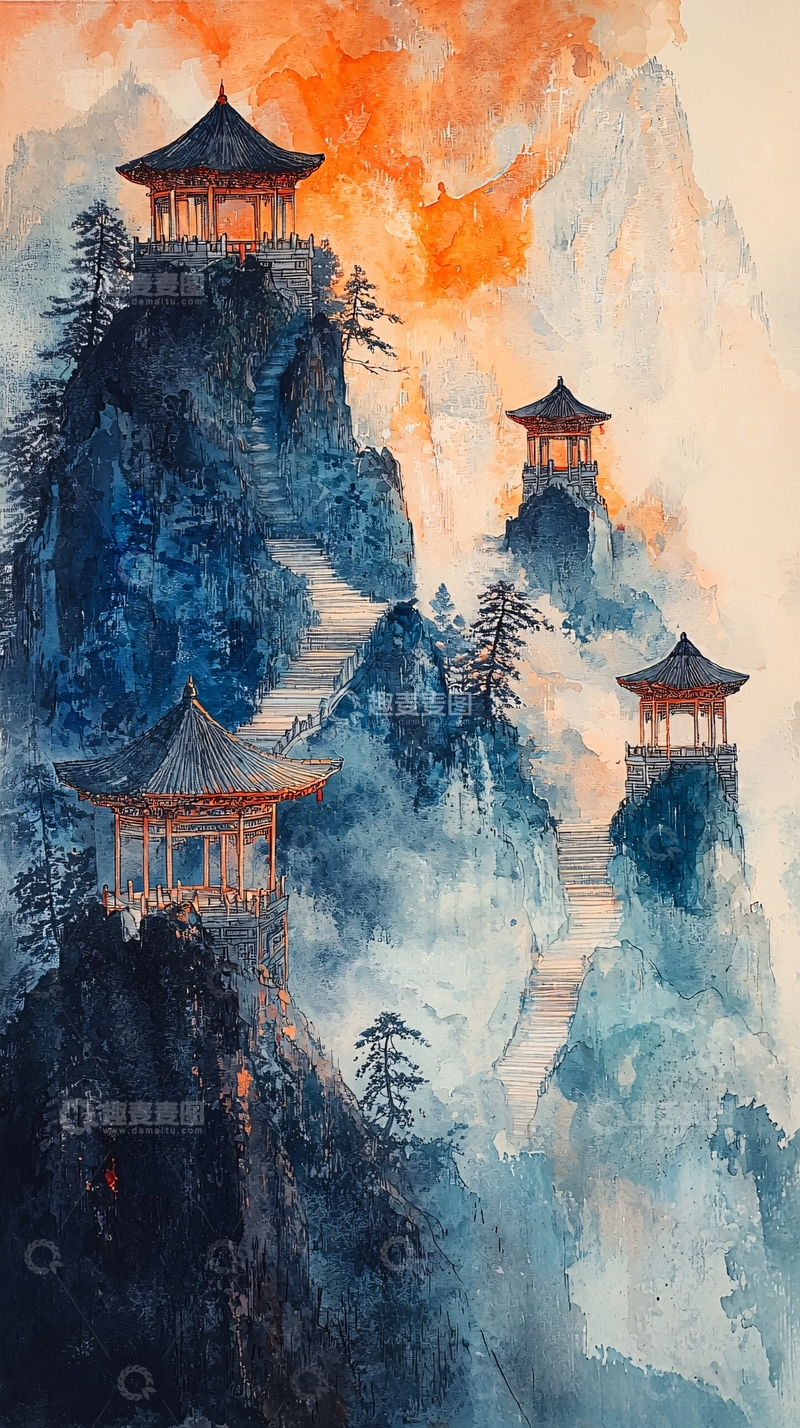 高清大图下载【趣麦麦图】山顶亭台楼阁水墨画