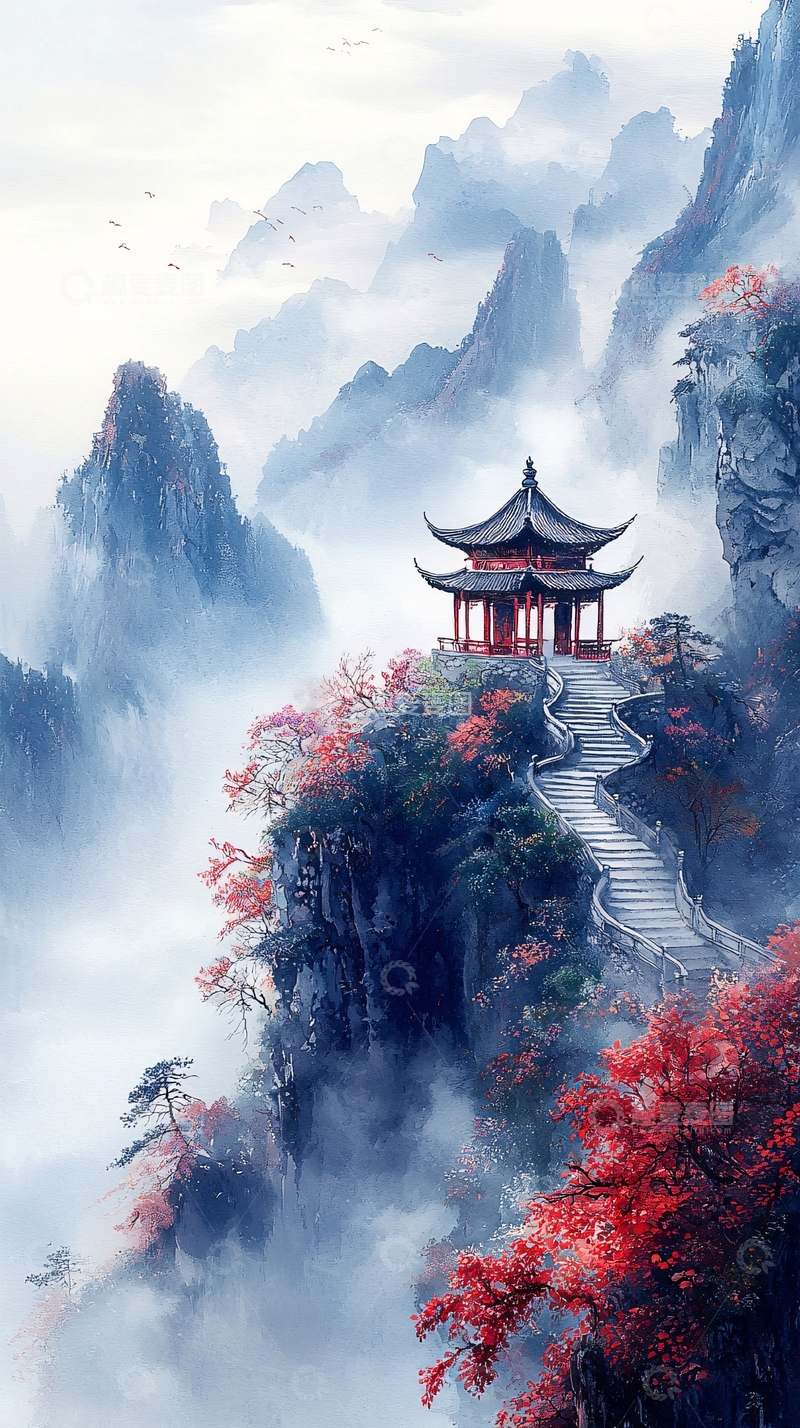 高清大图下载【趣麦麦图】山顶亭台楼阁云雾缭绕