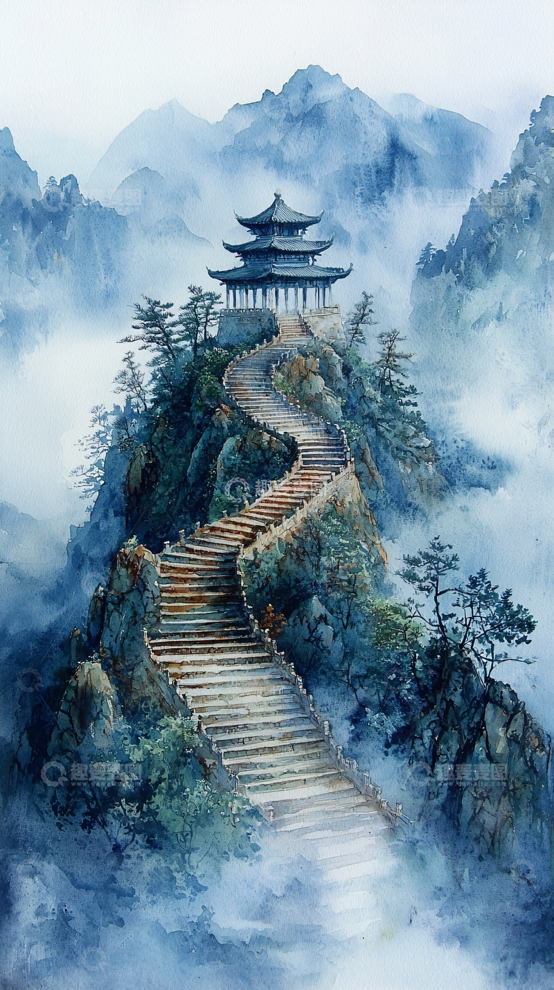 高清大图下载【趣麦麦图】云雾缭绕的山间寺庙