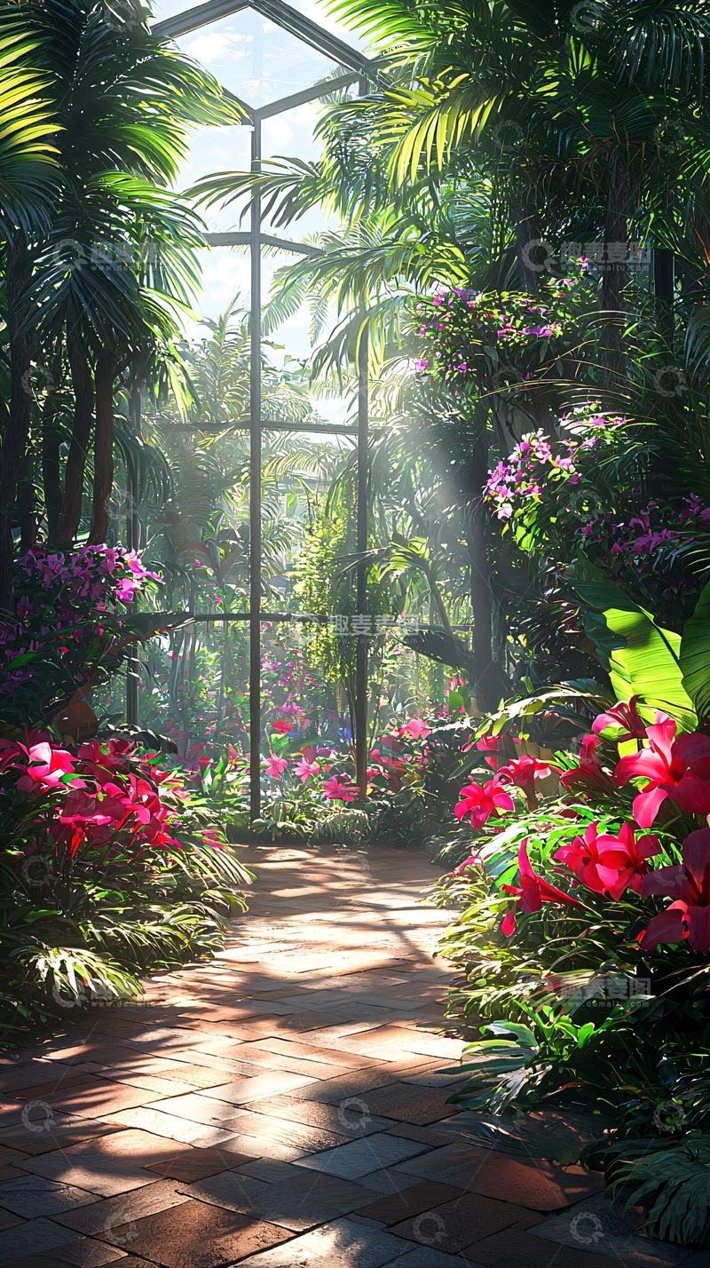 高清大图下载【趣麦麦图】阳光透过玻璃房照进热带花园