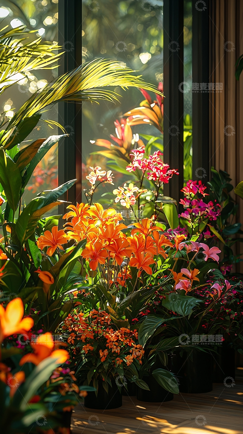 高清大图下载【趣麦麦图】阳光透过玻璃洒在室内植物上