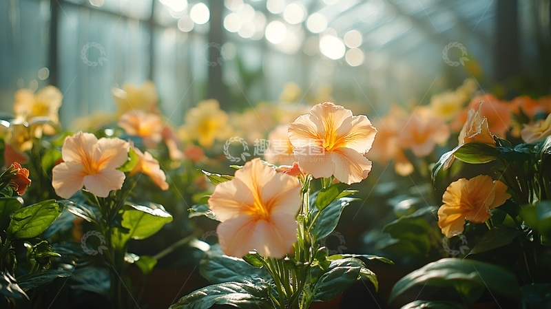 高清大图下载【趣麦麦图】阳光下的温室橙色花朵