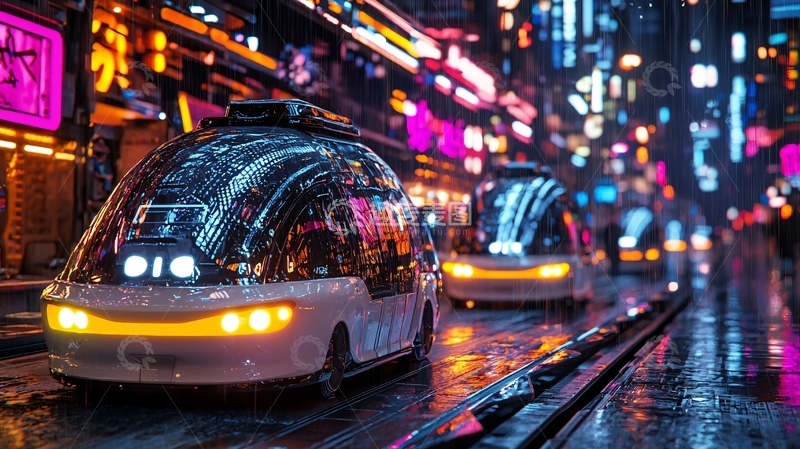 高清大图下载【趣麦麦图】夜晚霓虹灯下的自动驾驶汽车
