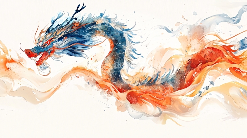 高清大图下载【趣麦麦图】水墨写意蓝色火龙