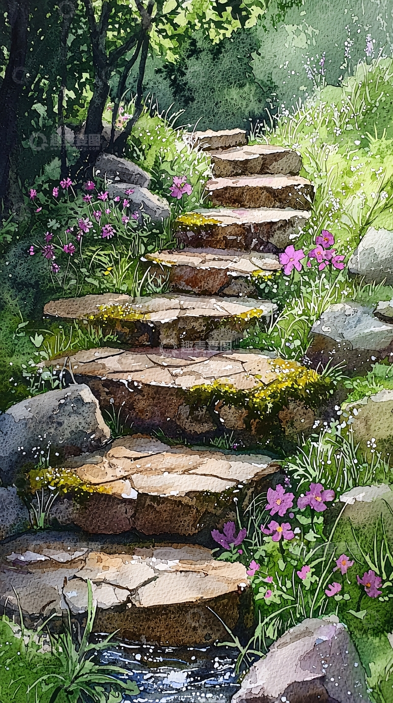高清大图下载【趣麦麦图】绿荫小径石阶