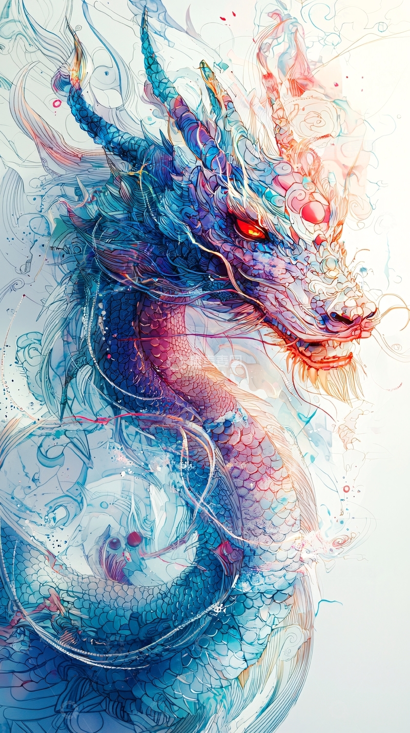 高清大图下载【趣麦麦图】彩色水墨风格的龙